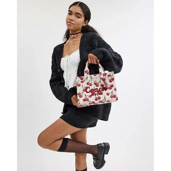 NEW COACH Mini Cargo Cherry Print Canvas Tote Bag 20 in Chalk/Multi - Picture 4 of 14